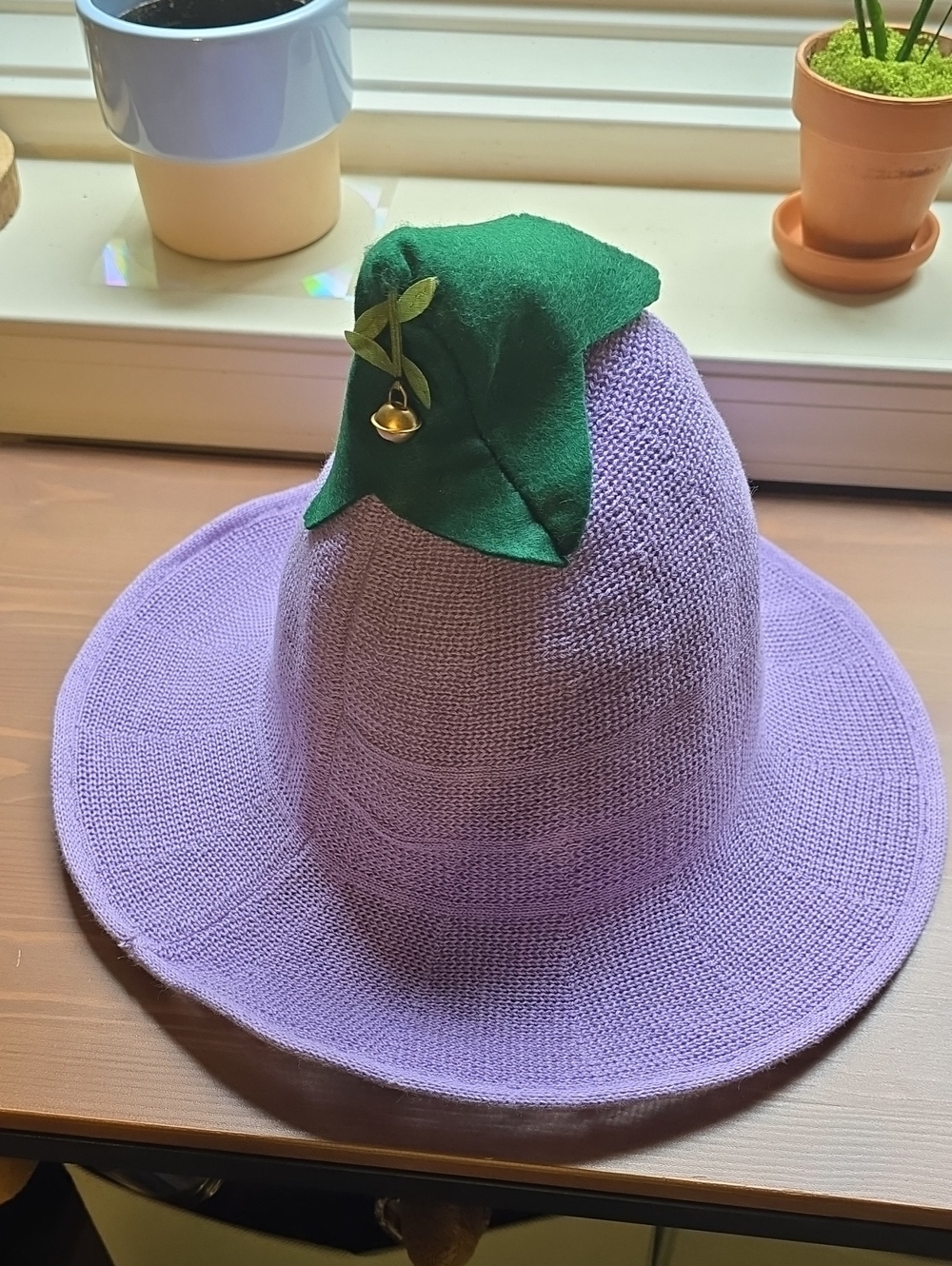 Lavender Witch Hat with Green Leaf Accent